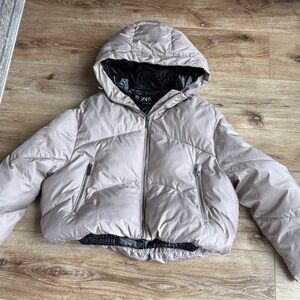 Zara Cropped Puffer Jacket Hooded Neutral Beige